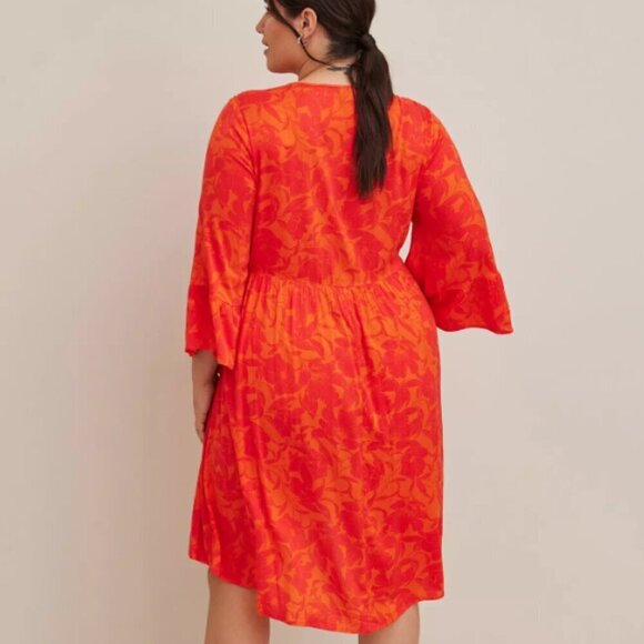 TORRID (2X) Lace Up Hi-Low Babydoll Dress Stretch Challis Floral Orange - Picture 2 of 9